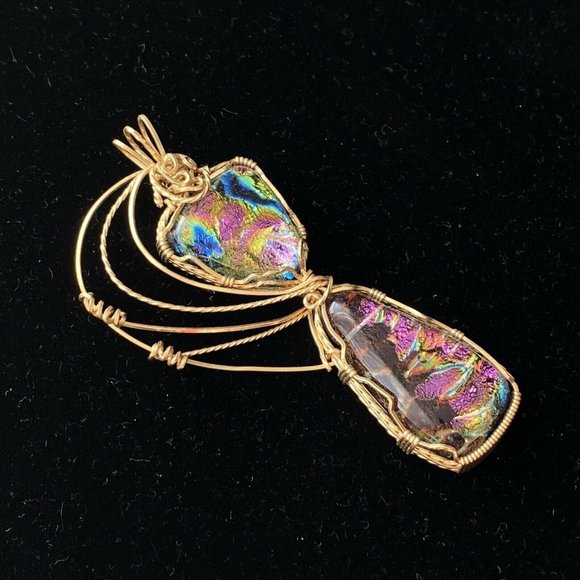 Wrapped Dichroic Glass Cabochons Pendant Purple Blue Green Gold Filled Wire 3” - Picture 3 of 10